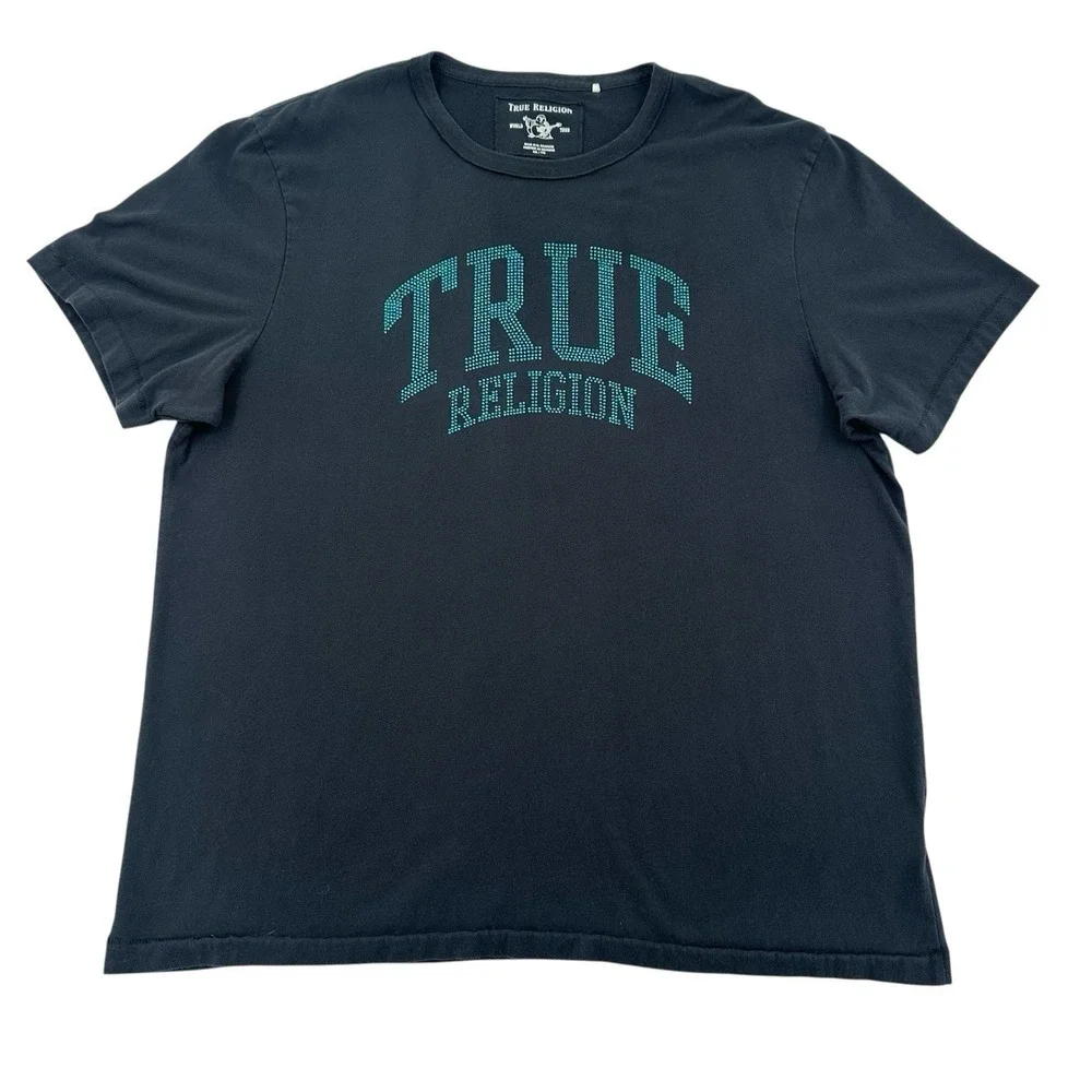 True Religion Black T-Shirt Teal Rhinestone Studded Logo World Tour Tee Mens XXL